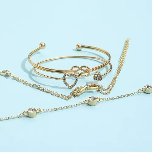 Vintage Golden Cuff Zircon Love Heart Bracelet Set (4 pcs)